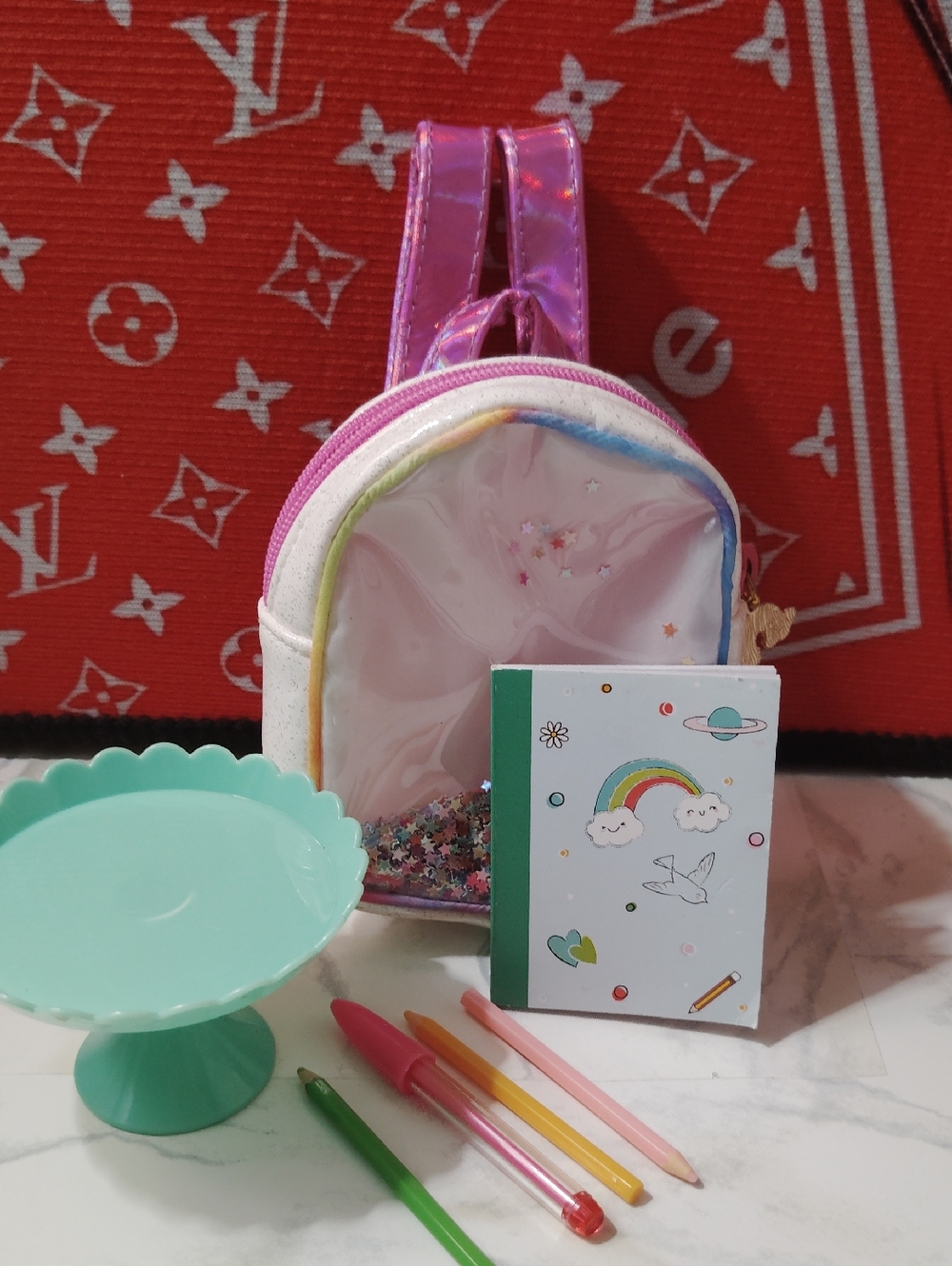 Our Generation Holographic Pink Mini Backpack with Rainbow Trim